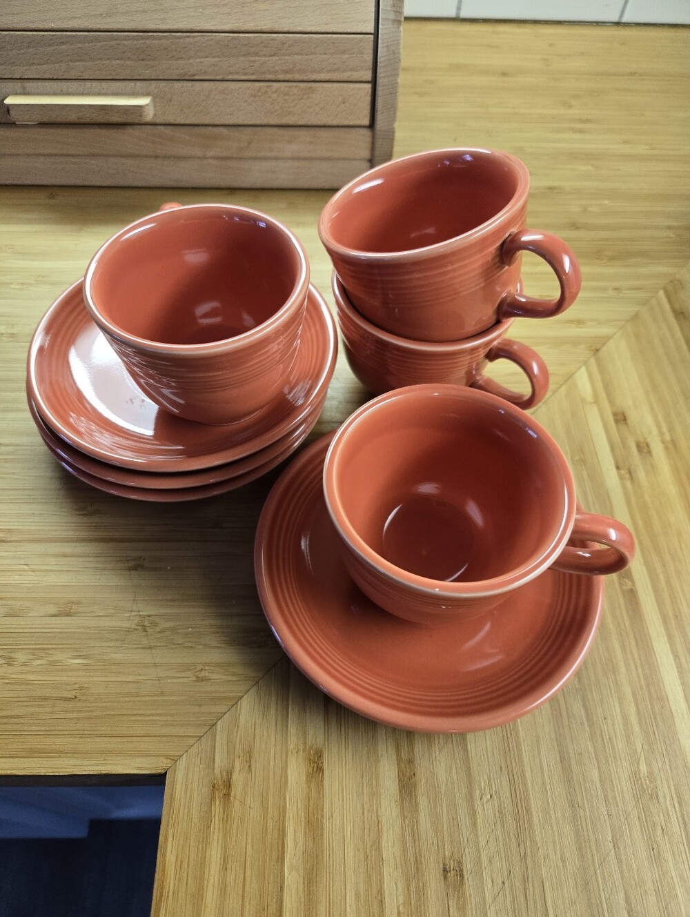 Orange Ceramic Teacup and Saucer Set - 4 Cups